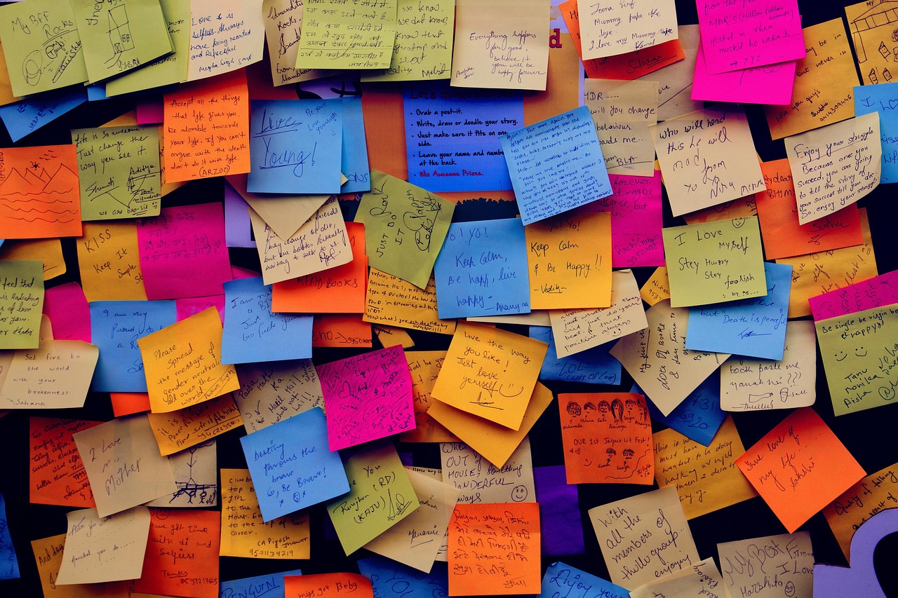 Sticky notes with content ideas on a wall